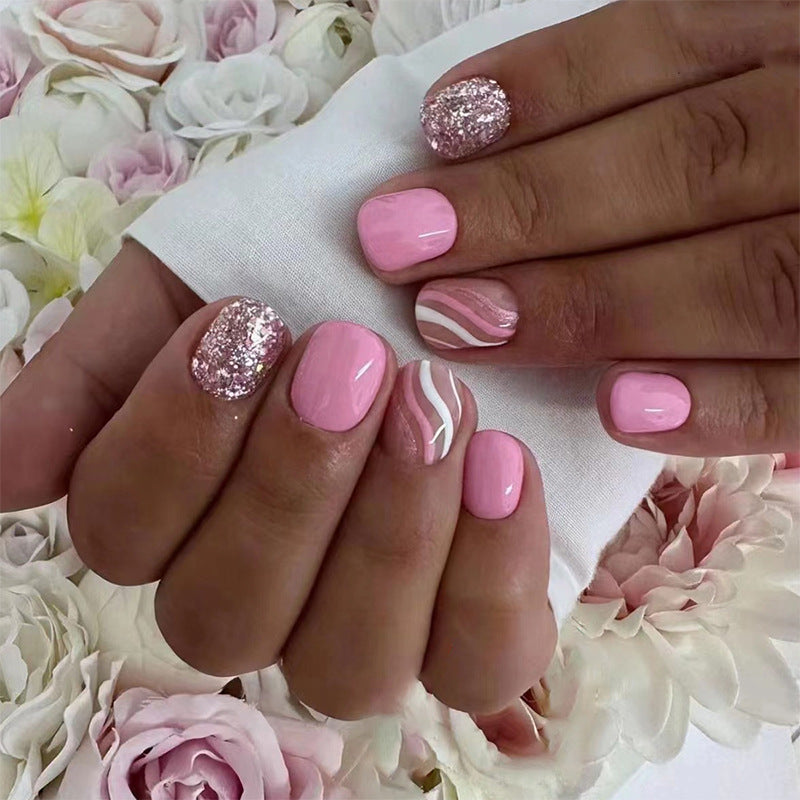 Pink Glitter Nail Art Set, Short Square Nails with Wave Design, Light Pink and Rose Gold Manicure, Press on Nails