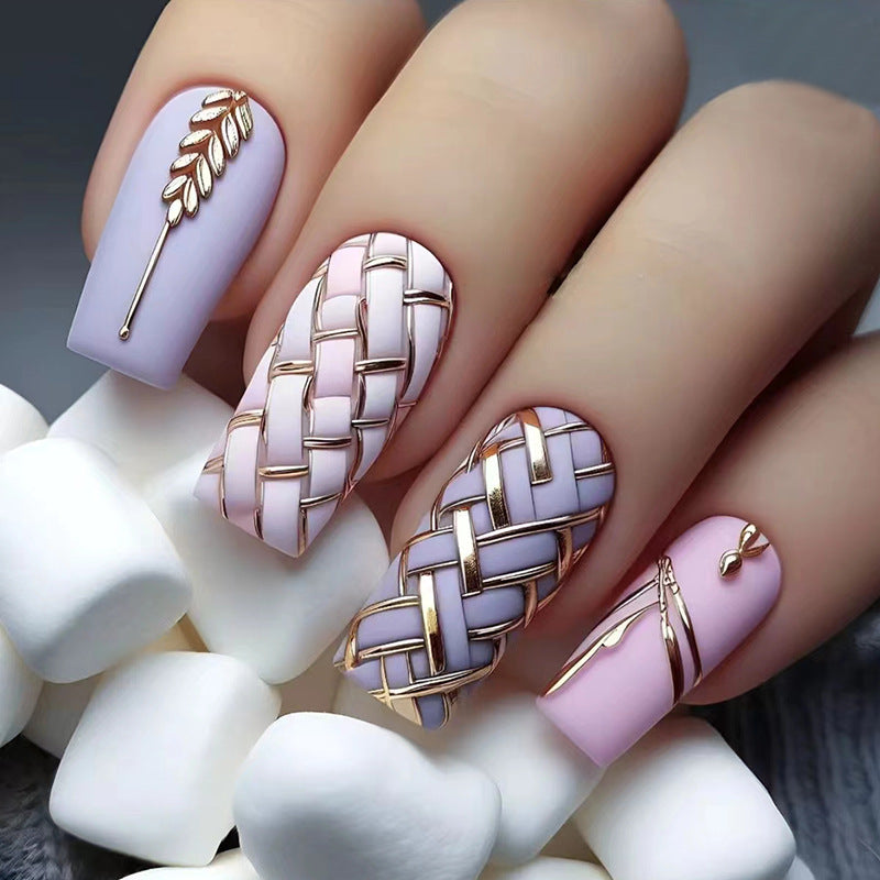 3D Quilted Pattern Nail Art Stickers, Gold and Lavender Design, Leaf Motif, Matte Finish, Press on Nails