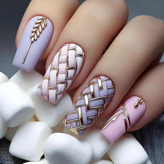 3D Quilted Pattern Nail Art Stickers, Gold and Lavender Design, Leaf Motif, Matte Finish, Press on Nails