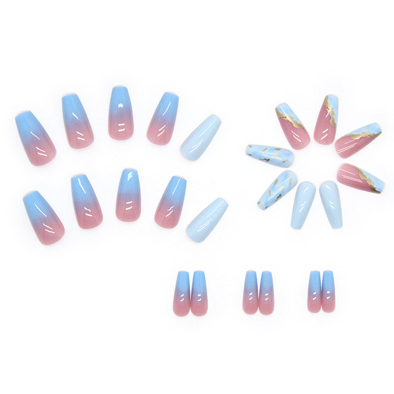 Blue and Pink Ombre with Gold Foil Marble Design, Long Ballerina Style, Coffin Press-on Nails