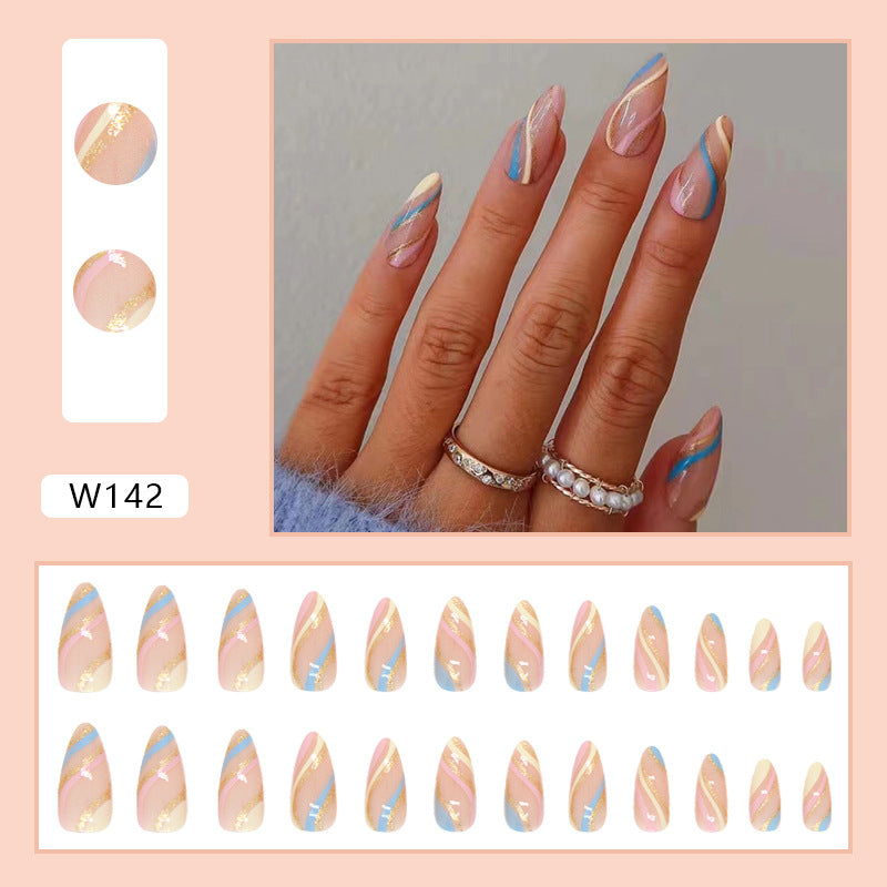 Pink with Blue and Gold Stripe Design, 24 Pieces, Artificial Press-On Nails