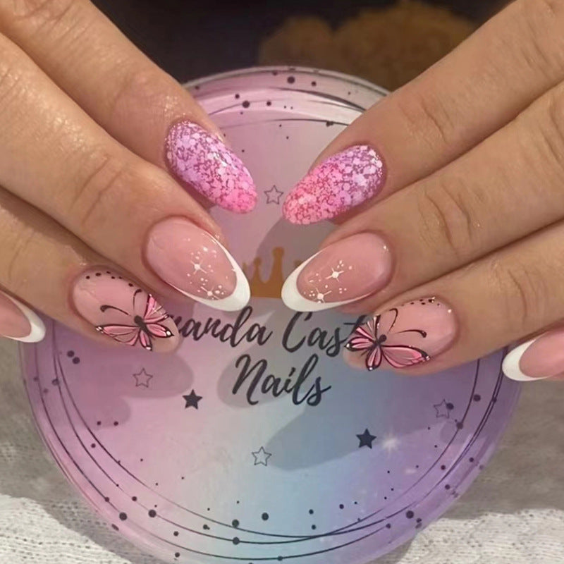 Pink Butterfly French Tip Nails, Glitter Accent Almond Nails, Romantic Manicure Design, Press on Nails