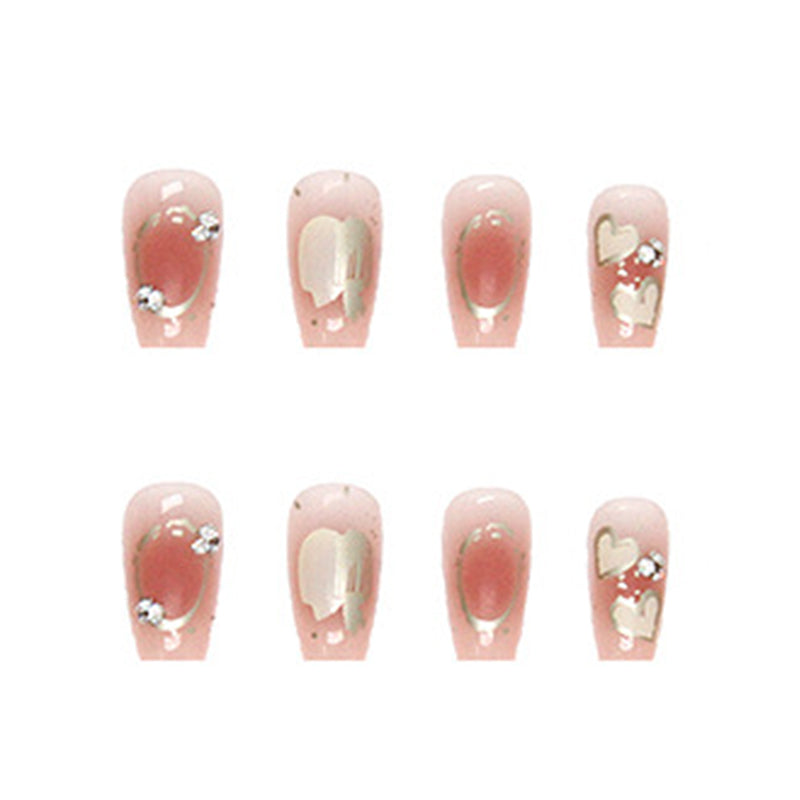 Clear Pink with White Hearts and Rhinestones, Square Tips, Press on Nails