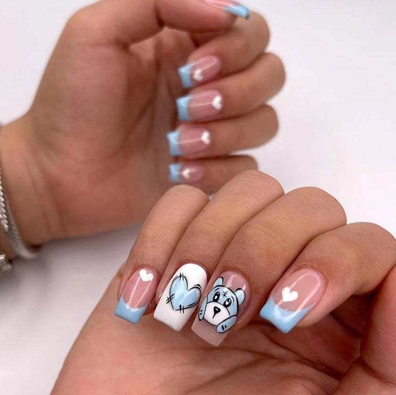 Cute Teddy Bear Nail Art Design, French Tips with Blue and Pink, Heart Pattern Manicure, Press on Nails