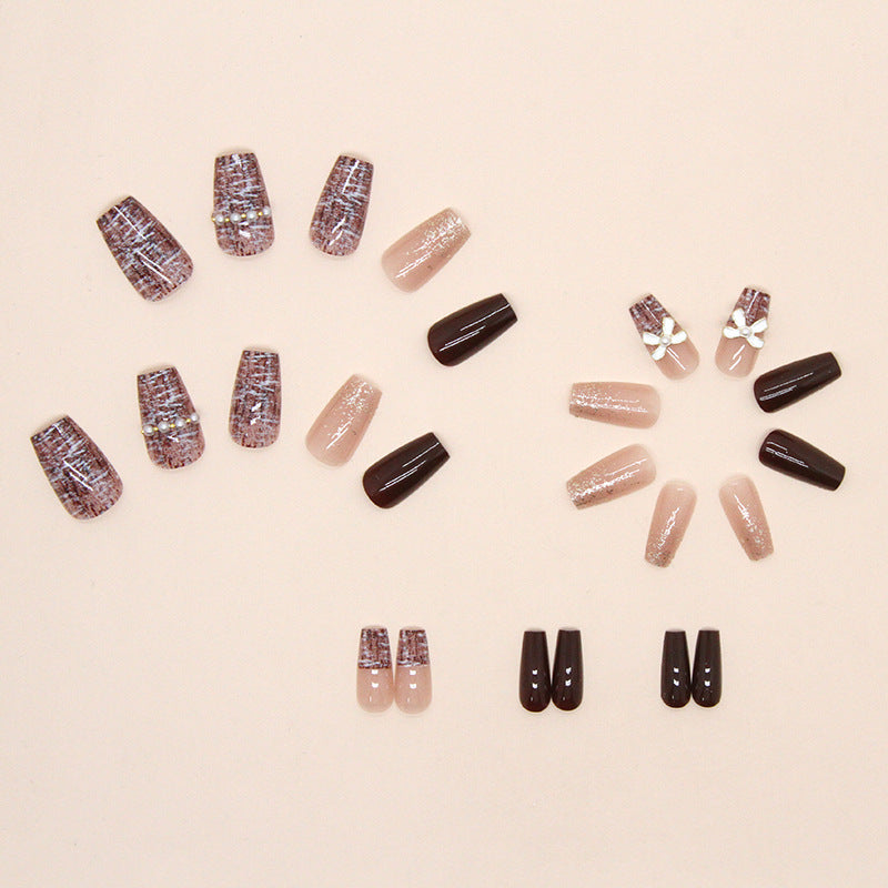 Brown and Nude Glitter Design with Pearl Bow, Square Tips, 12 Pieces, Press on Nails