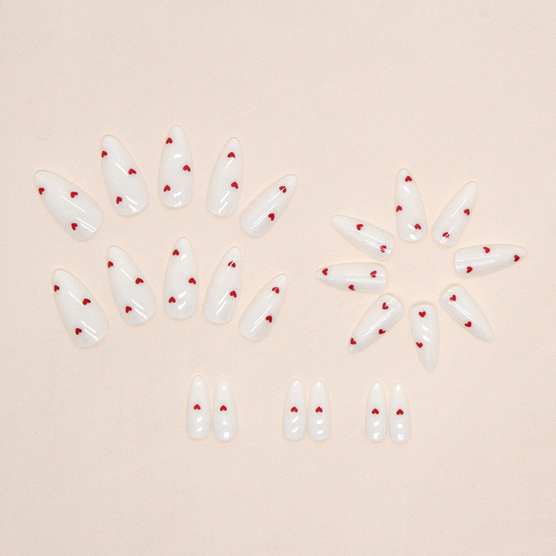 24-Piece White Heart Almond Press-On Nails – Glossy French Style False Nails with Red Heart Design | Reusable Stick-On Nail Set