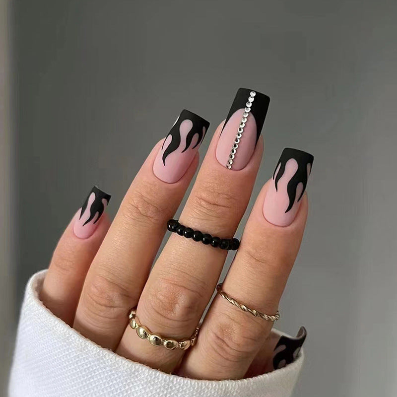 Pink with Black Flame Design, Rhinestone Accent, 12 Pieces, Press on Nails