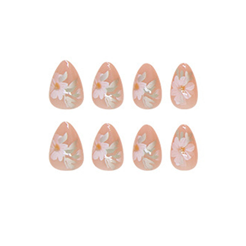 24-Piece Nude Floral Almond Press-On Nails – Glossy Pink False Nails with White Daisy Design | Reusable Stick-On Nail Set