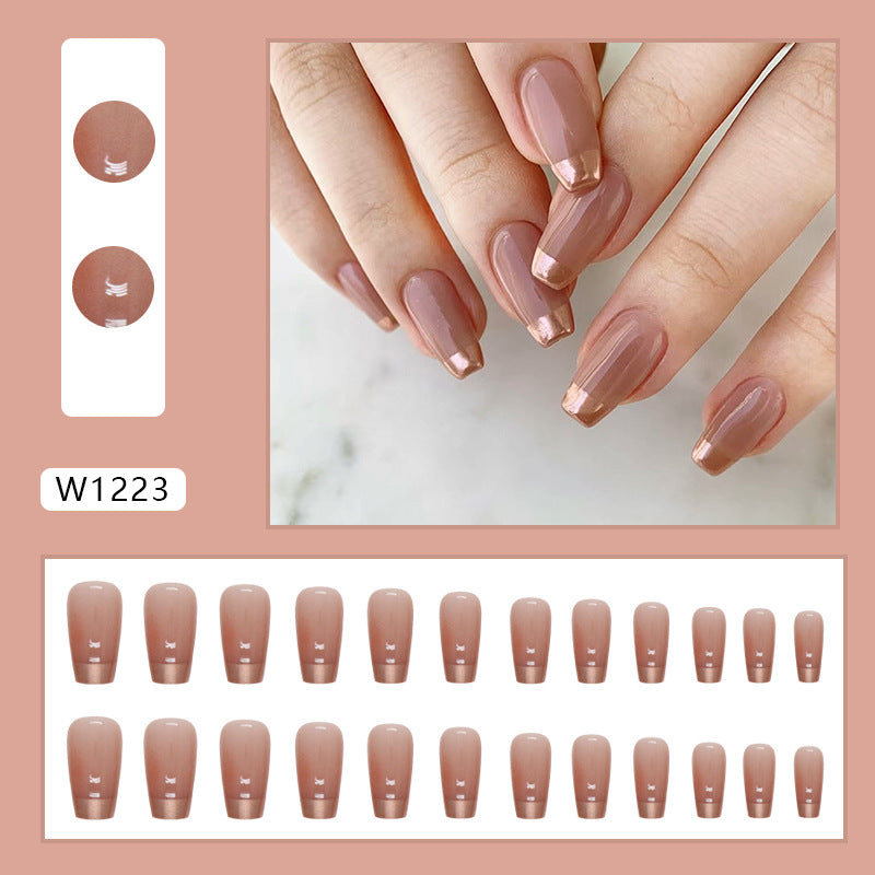 Nude Pink French Tip, Rose Gold Metallic Tips, Square Shape, Medium Length, Press-On Nails