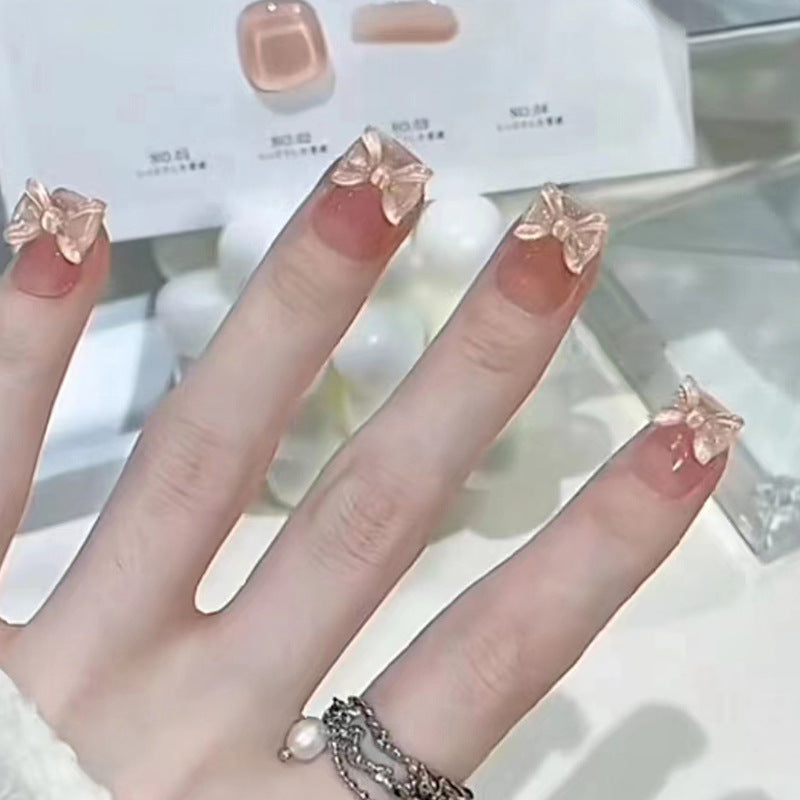 3D Rose Gold Bow False Nail Tips, French Manicure Style, Artificial Press-on Nails