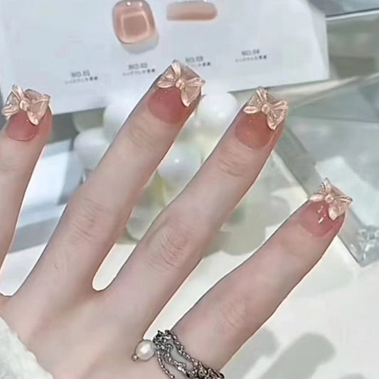 3D Rose Gold Bow False Nail Tips, French Manicure Style, Artificial Press-on Nails