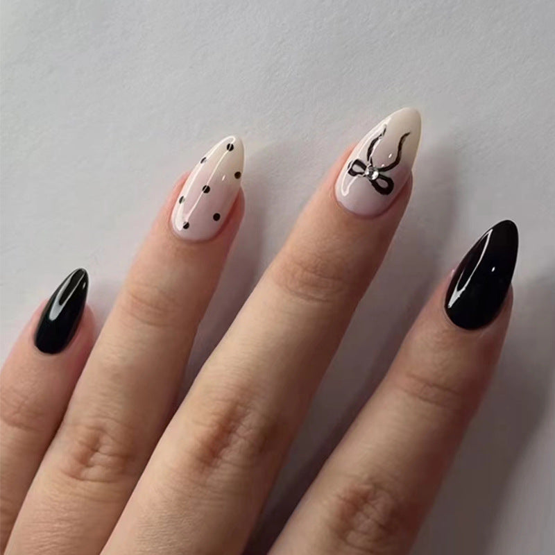 Black and White Butterfly Design, Polka Dot Pattern, Long Oval Shape, Almond Press-On Nails