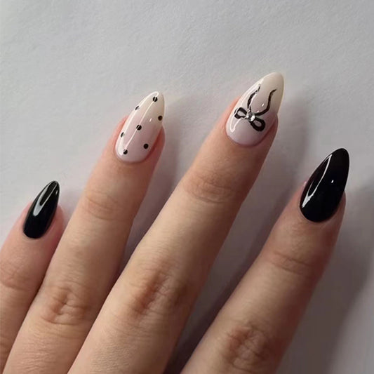 Black and White Butterfly Design, Polka Dot Pattern, Long Oval Shape, Almond Press-On Nails