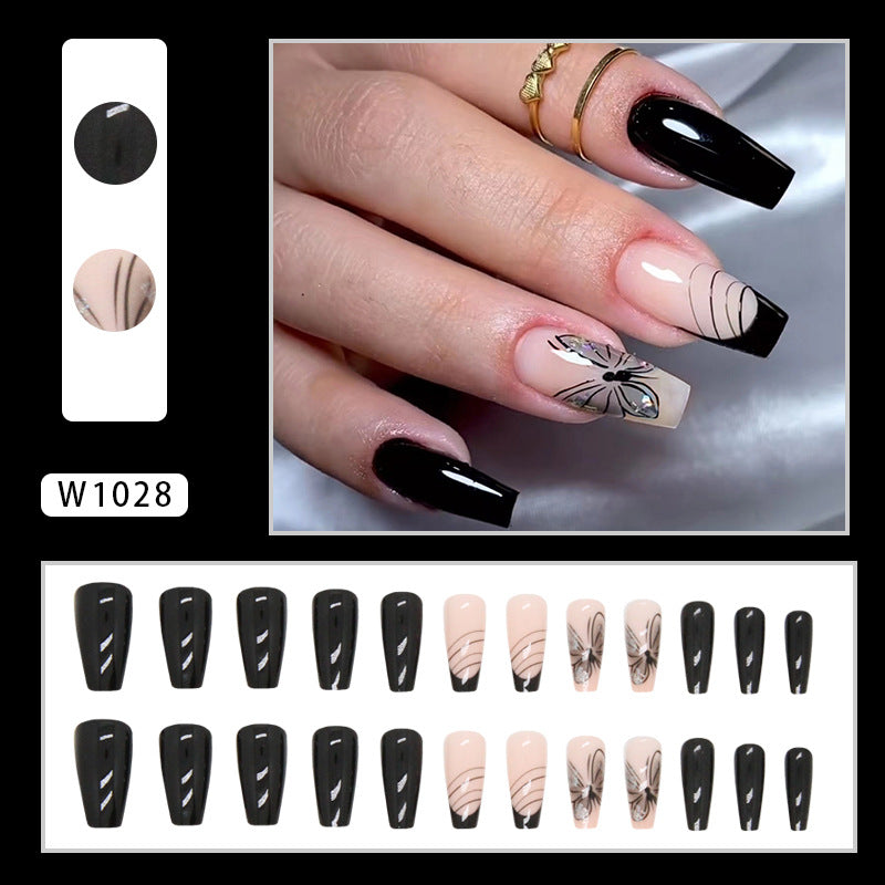 Long Coffin Press-On Nail Set – Black French Tips with Butterfly & Abstract Line Art | Glossy Reusable False Nails (Set of 24)