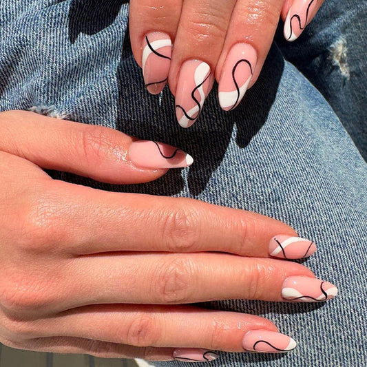 Abstract French Tip Nail Art Design, White Tips with Black Swirl Pattern, Modern Manicure Press on Nails
