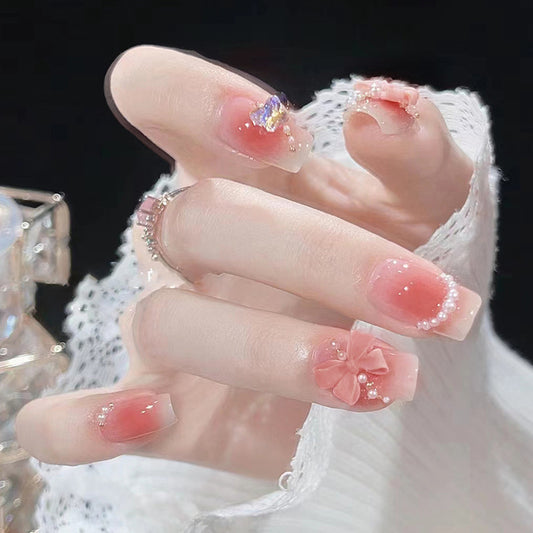 Pink Gradient French Tips with Bow and Crystal Decorations, Long Square Shape, Press on Nails
