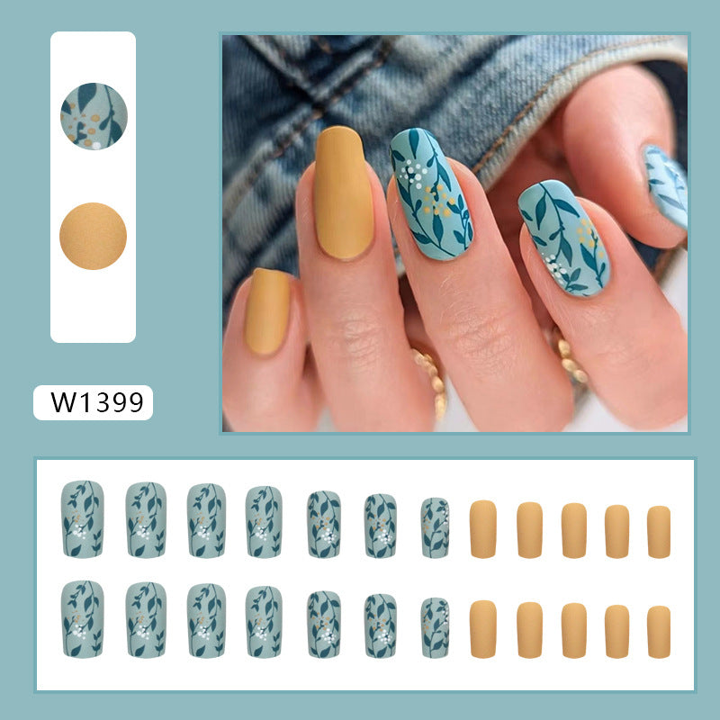 Sage Blue Botanical Press-On Nails – Matte Oval Floral Nail Set (Set of 24)