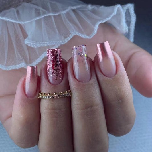 Rose Gold Chrome French Tips with Glitter Accent, Square Shape, 24 Pieces, Press-On Nails