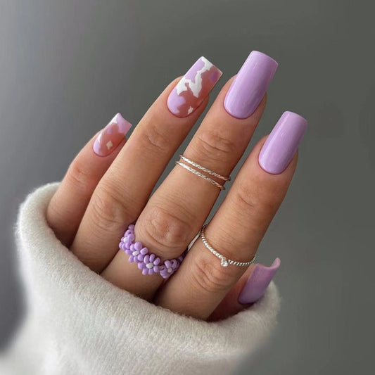 Artificial Press-On Nails, Lavender Purple with Silver Marble Design, 24 Pieces, Press on Nails