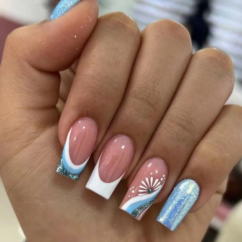 French Tip Nail Art Design Set, Blue and White Floral Pattern with Holographic Glitter Accent, Square Tips, Press on Nails