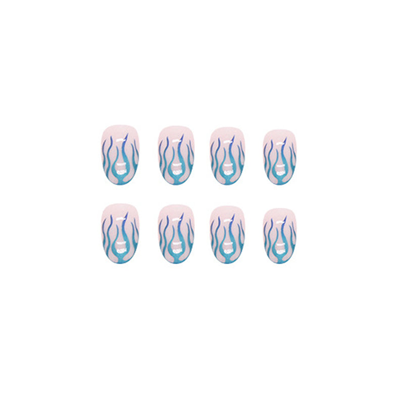 Teal Flame Almond Press On Nails – 24 Piece Metallic Flame French Tip Nail Set