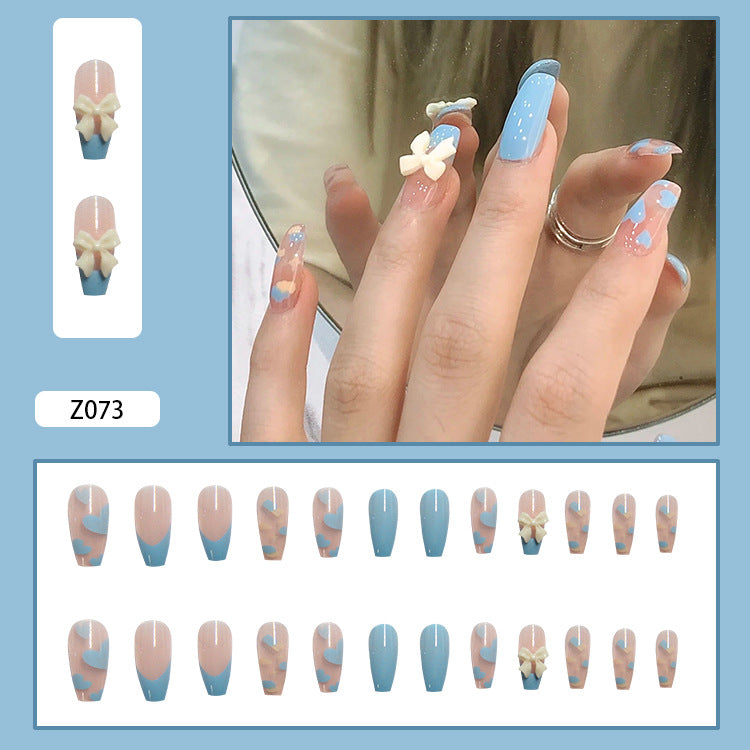 Long Almond Press-On Nail Set – Sky Blue Heart Nails with 3D Bow Accent | Glossy Reusable False Nails (Set of 12)