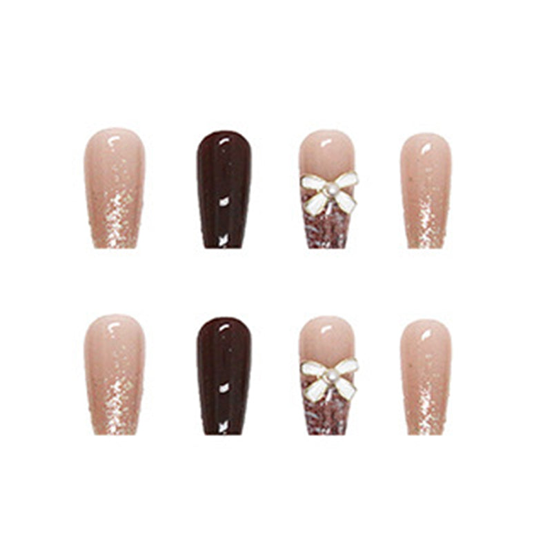 Brown and Nude Glitter Design with Pearl Bow, Square Tips, 12 Pieces, Press on Nails