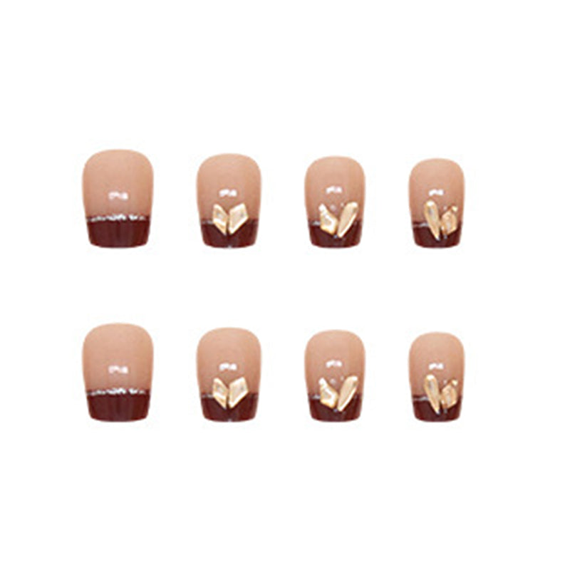 Burgundy French Tip with Gold Foil Design, Nude Base Square Artificial Press-on Nails