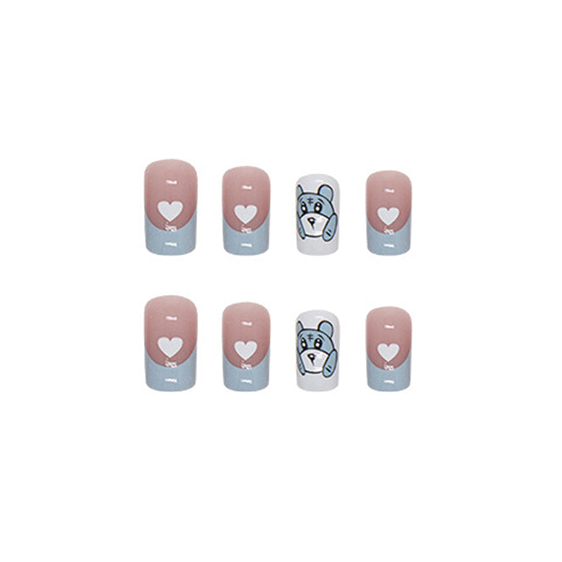 Cute Teddy Bear Nail Art Design, French Tips with Blue and Pink, Heart Pattern Manicure, Press on Nails