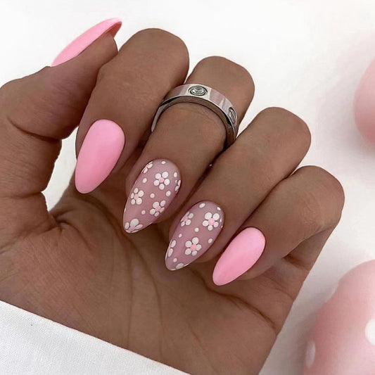 Almond Nails, Pink and Floral Design, Matte Finish, Medium Length, Press on Nails