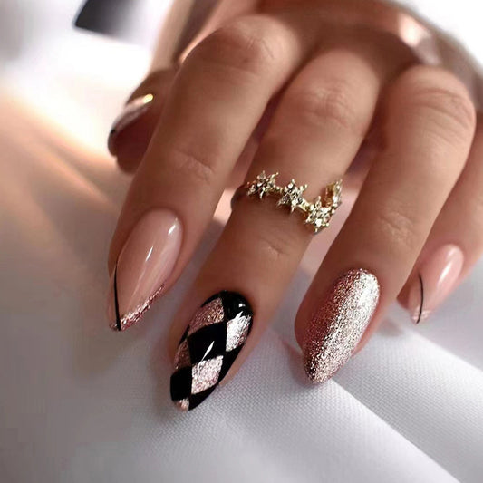 Black and Rose Gold Glitter Geometric Design, Long Stiletto Shape, Elegant Almond Press-On Nails