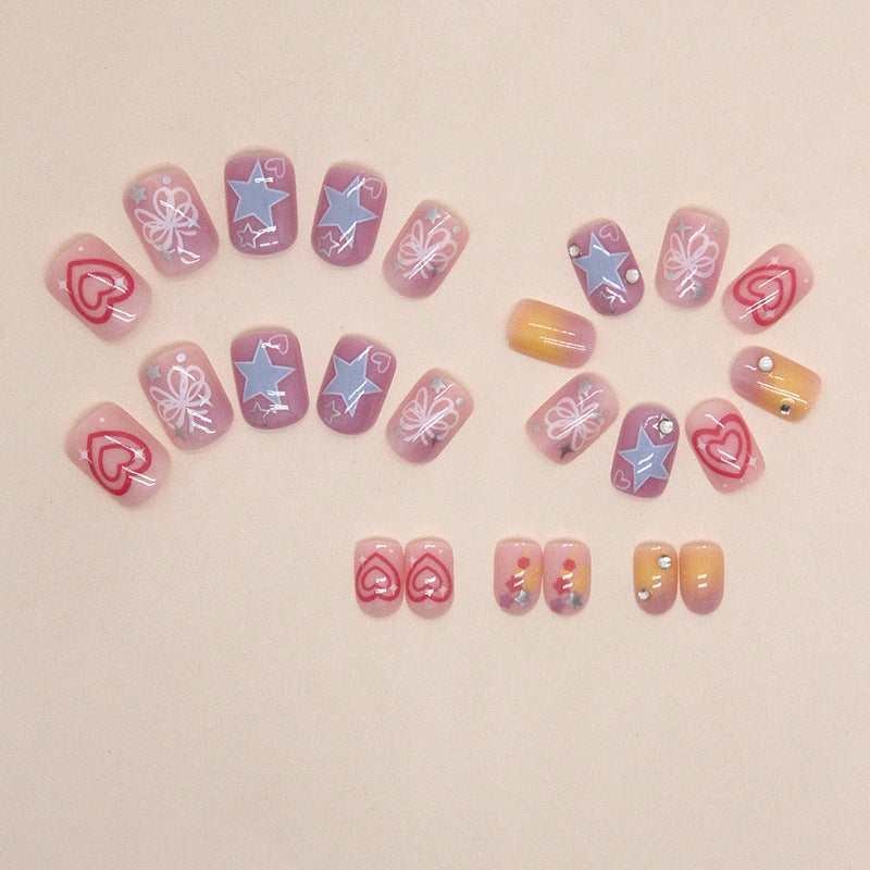 Short Square Press-On Nail Set – Pastel Purple Star & Floral Kawaii Nails | Glossy Reusable False Nails (Set of 12)