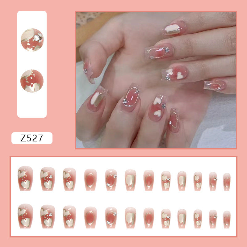 Clear Pink with White Hearts and Rhinestones, Square Tips, Press on Nails
