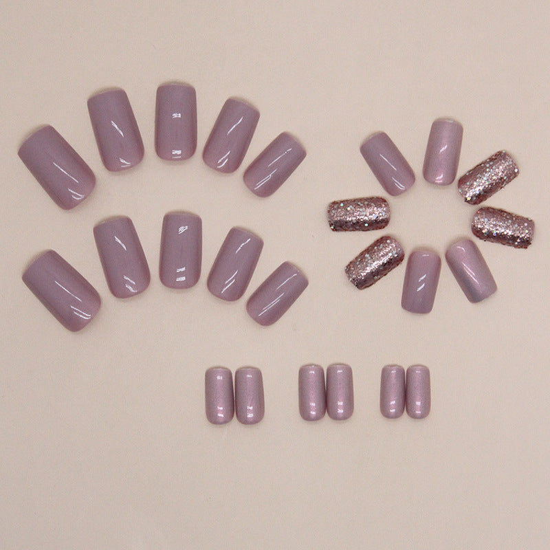 Glossy Pink Glitter Square Press-On Nails – Iridescent Chrome Nail Set (Set of 24)