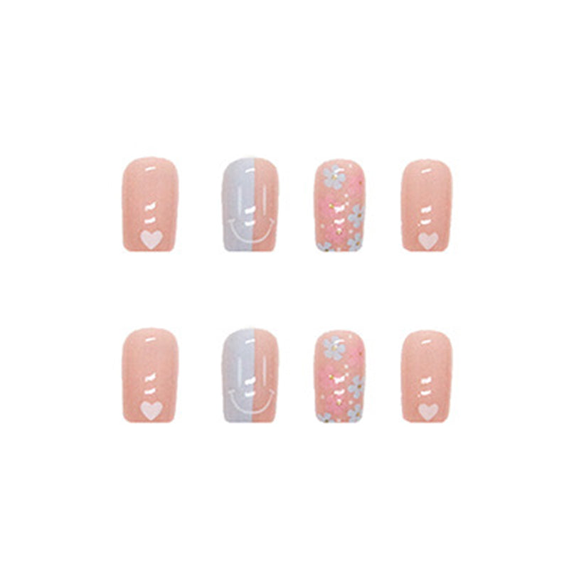 Fake Nails Set, French Manicure Tips with Heart and Floral Designs, Pink and Blue, 24 Pieces, Press on Nails