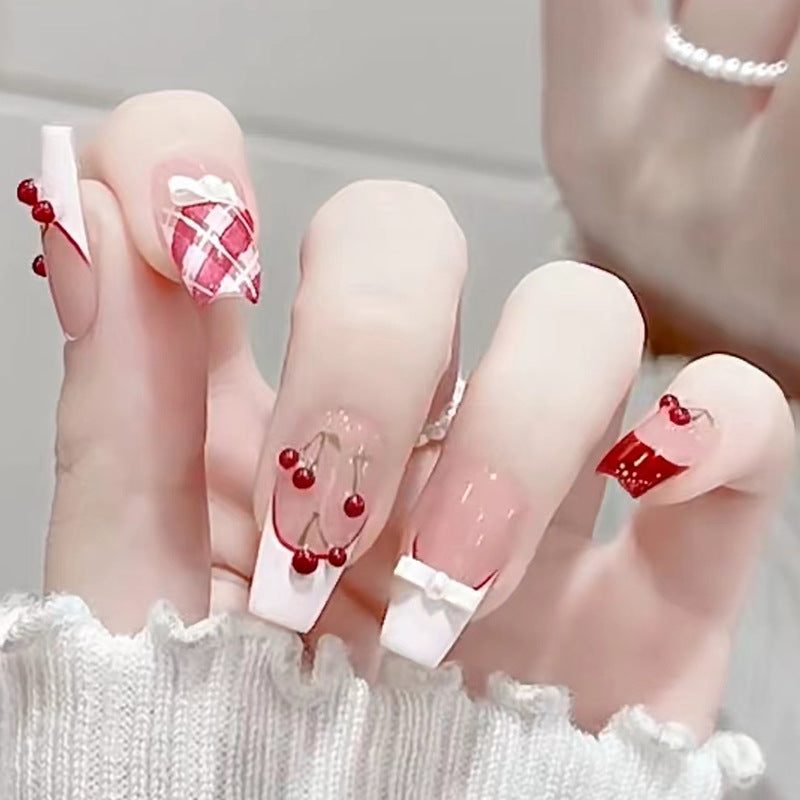 Cherry Pattern, White French Tips with Red Plaid Design, Long Coffin Shape, Press on Nails