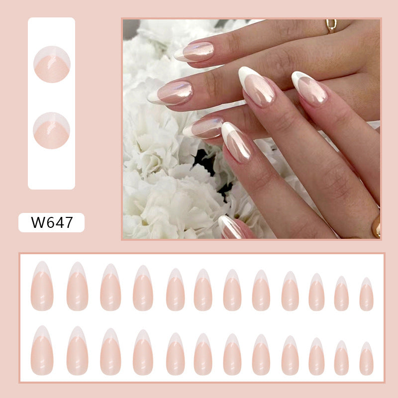 Pearl Chrome French Manicure, Almond Shape, White Tips, Long Length, Press-on Nails