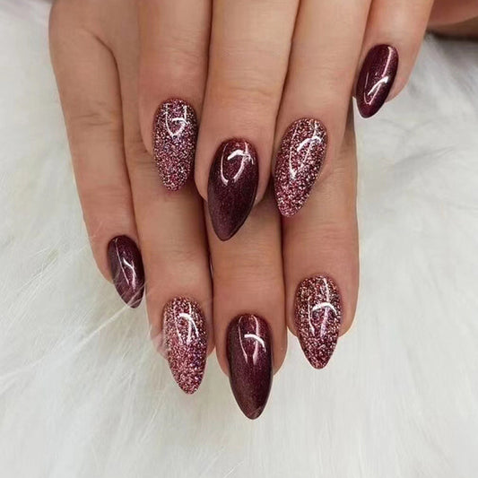 Burgundy Stiletto, Glitter and Cat Eye Design, Almond Shape, Press-On Nails