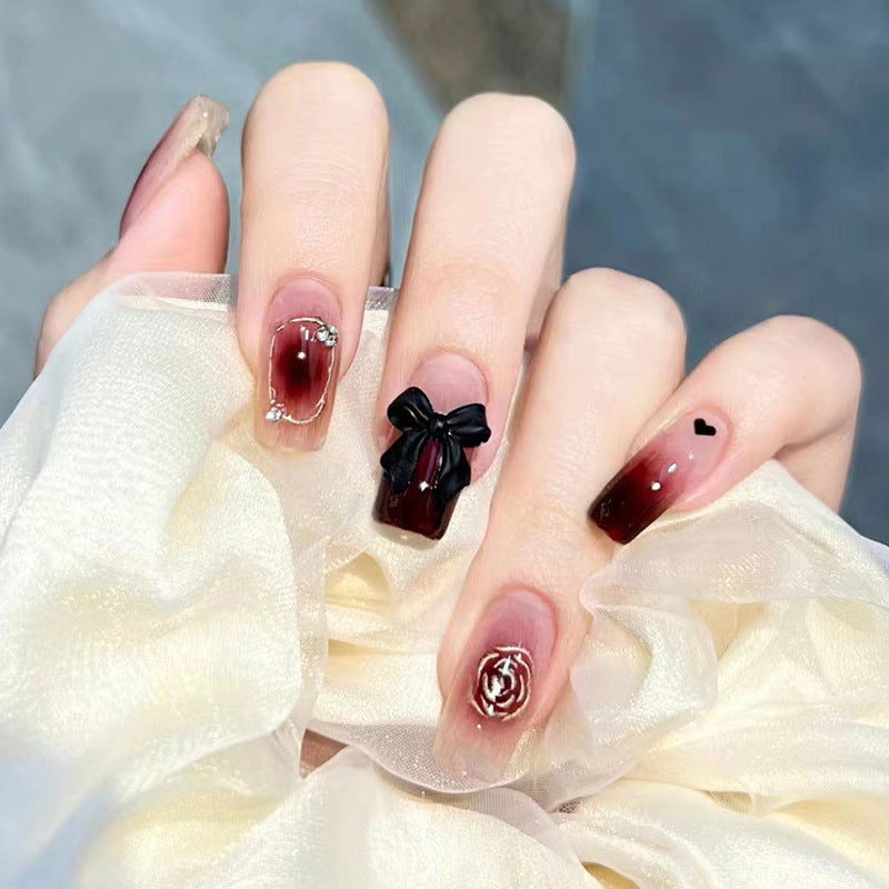 Burgundy Ombre with Black Bow Design, Rose Pattern, 12 Pieces, Press on Nails