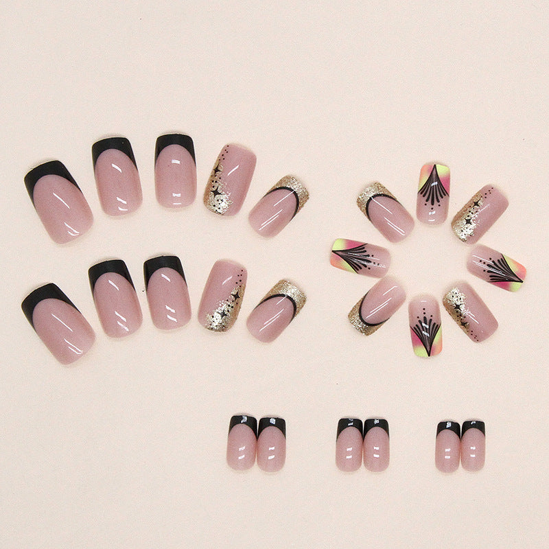 Sunset Glam Square Press On Nails – 24 Piece Black French Tip & Gold Glitter Nail Set
