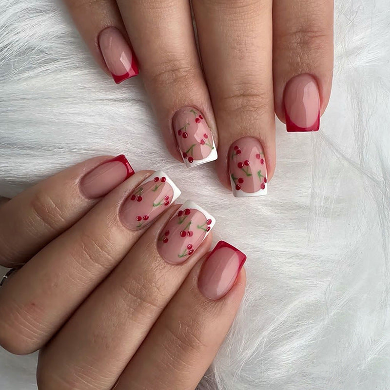 Cherry Design, Red and White Manicure Set, French Tip Press-On Nails