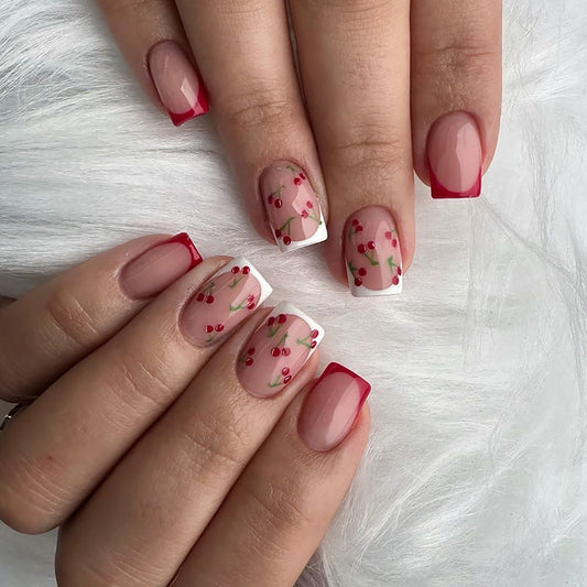 Cherry Design, Red and White Manicure Set, French Tip Press-On Nails