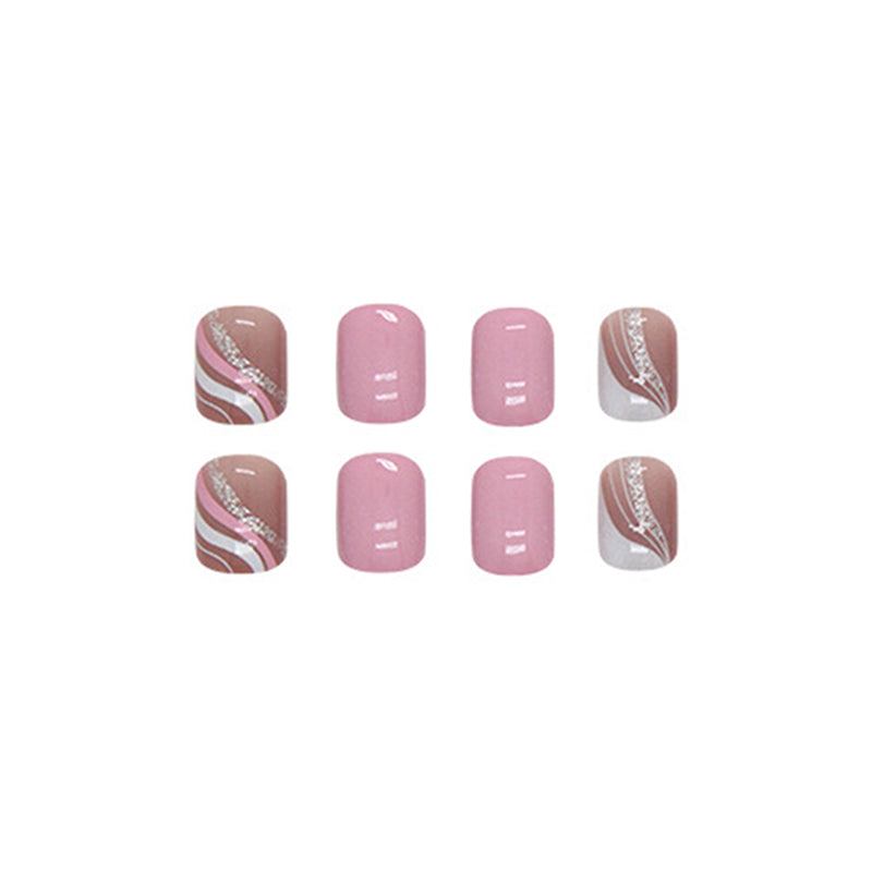 Short Square Press-On Nail Set – Pink Marble Swirl with Rose Gold Glitter Accent | Glossy Reusable False Nails (Set of 24-Piece)
