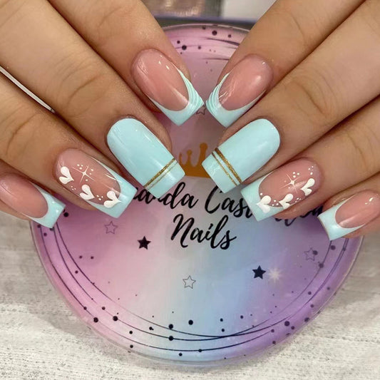 French Tip Nail Art Set, Mint Blue and Pink Design, Floral Pattern with Gold Line Accent, Press on Nails
