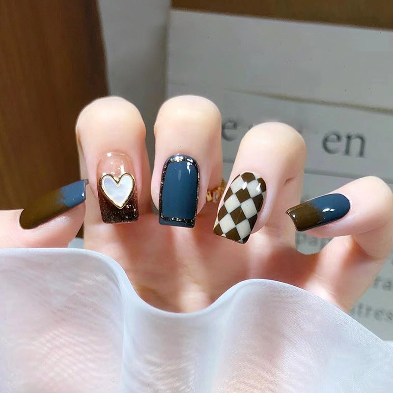 Navy Blue and White Checkered Pattern, Heart Design, 12 Pieces, Press on Nails