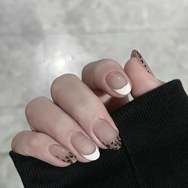 French Manicure with Leopard Print Design, White Tips, 24 Pieces, Press On Nails