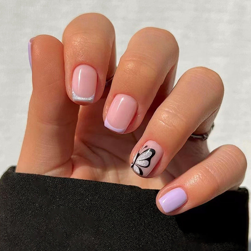 French Manicure Set, Pink and Lavender with Butterfly Design, Short Square Style, Press-on Nails