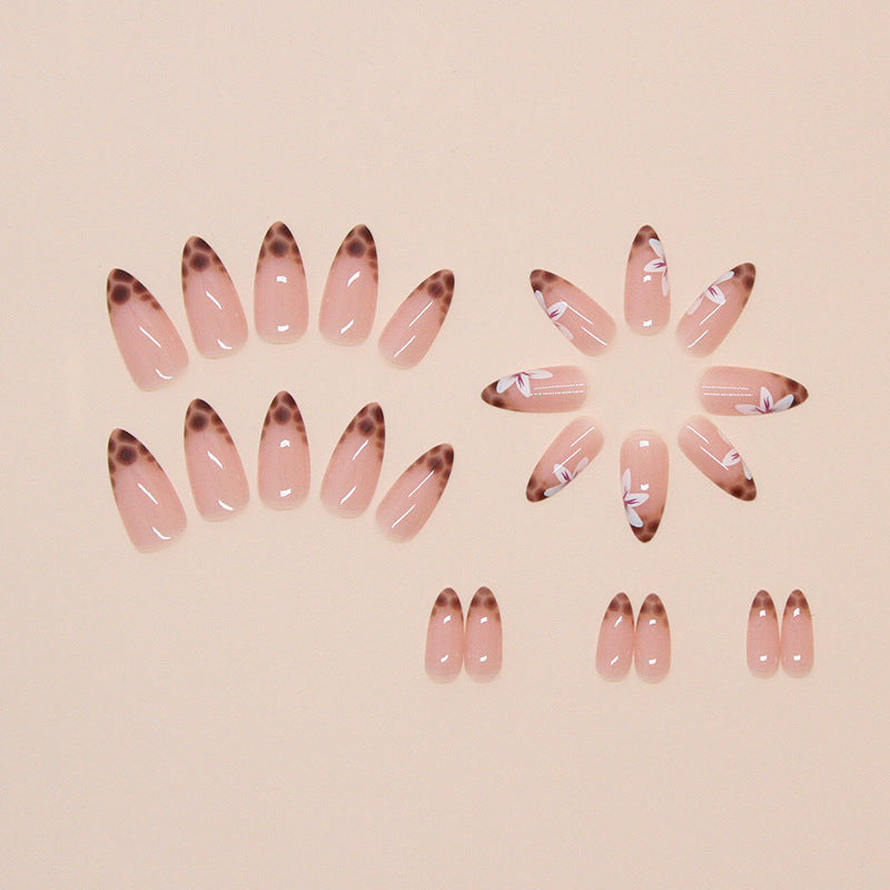 Almond French Manicure, Oval Shape, Pink Base with White Floral Design, Press-on Nails