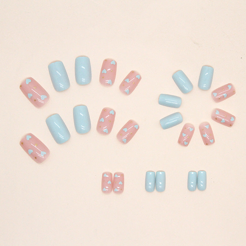 Pink and Blue Heart Pattern, 24 Pieces, Artificial Press-On Nails