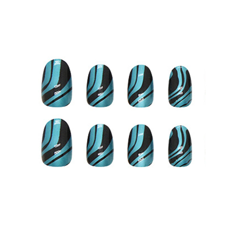 Midnight Wave Almond Press On Nails – 24 Piece Black & Metallic Blue Abstract Nail Set